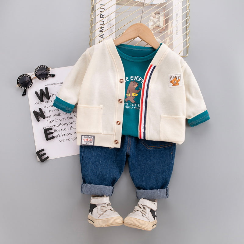 [345321] - Setelan 3 in 1 Jaket Cardigan Celana Panjang Jeans Anak Laki-Laki - Motif Wink Bear