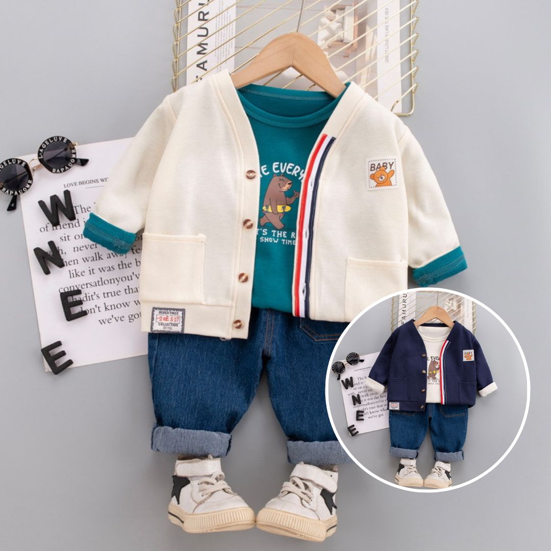 [345321] - Setelan 3 in 1 Jaket Cardigan Celana Panjang Jeans Anak Laki-Laki - Motif Wink Bear