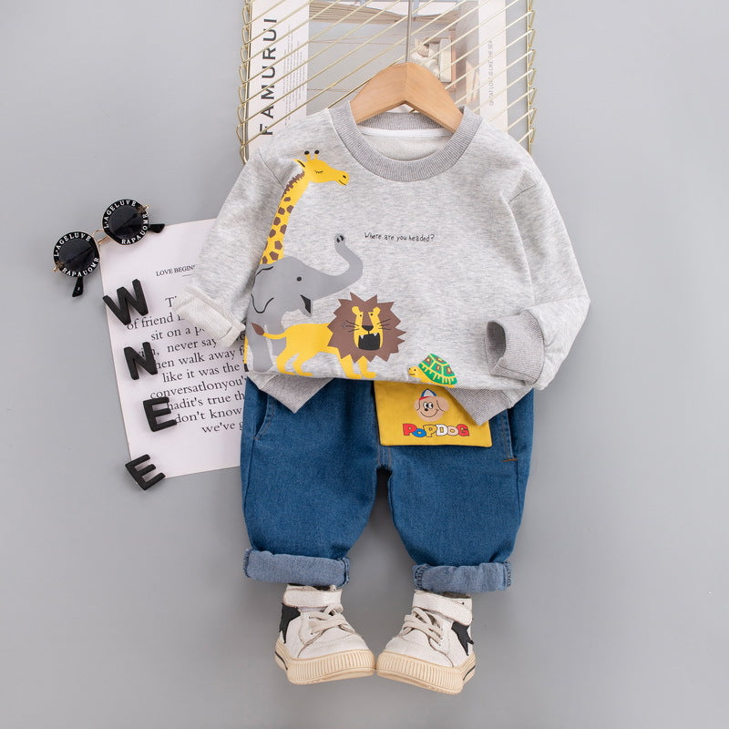 [345323] - Setelan Sweater Crewneck Celana Panjang Jogger Jeans Anak Laki-Laki - Motif Family Animal