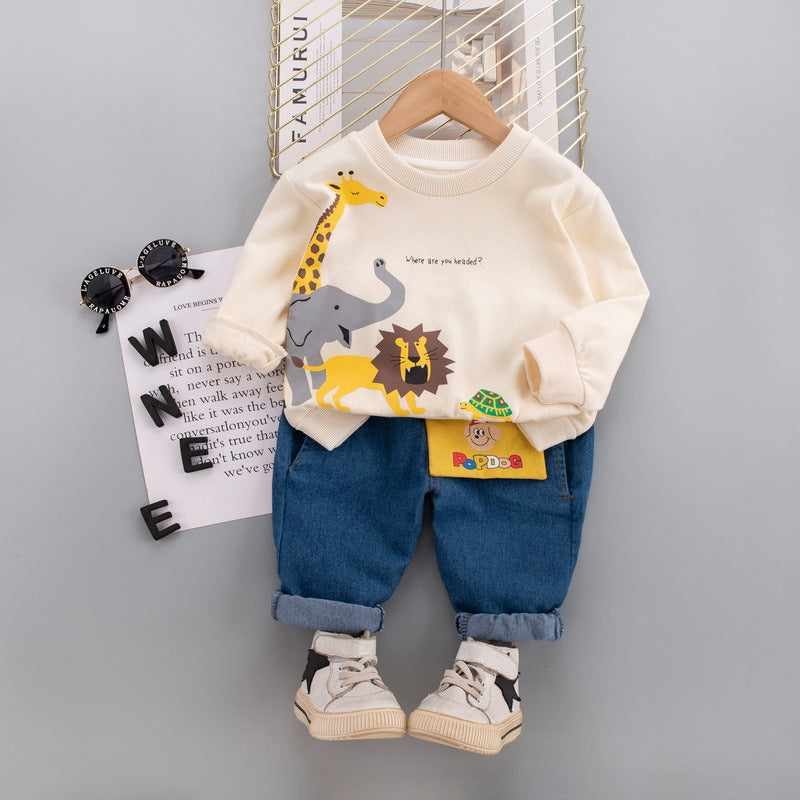 [345323] - Setelan Sweater Crewneck Celana Panjang Jogger Jeans Anak Laki-Laki - Motif Family Animal