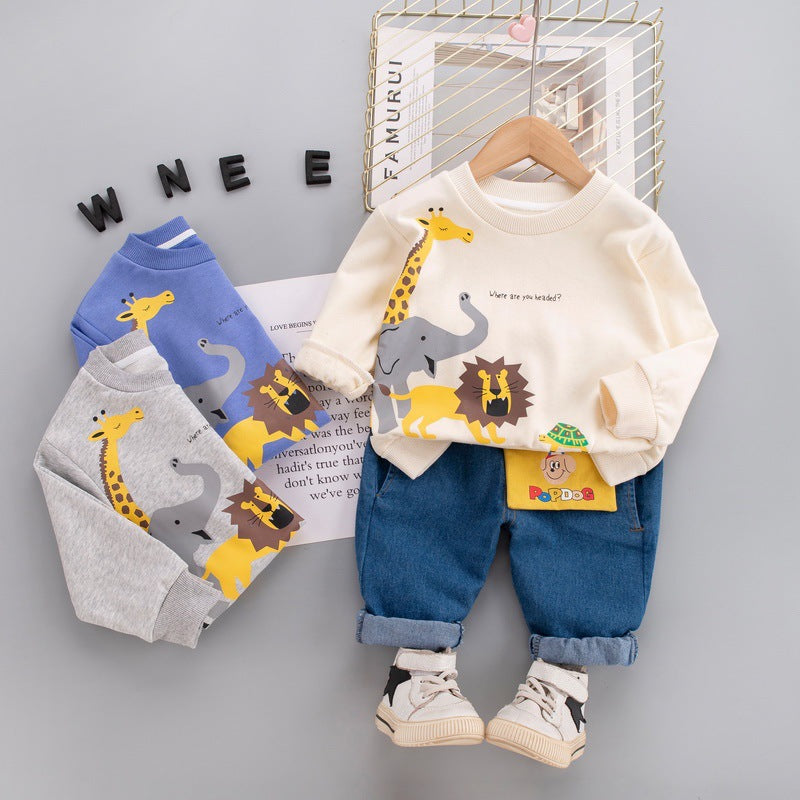 [345323] - Setelan Sweater Crewneck Celana Panjang Jogger Jeans Anak Laki-Laki - Motif Family Animal