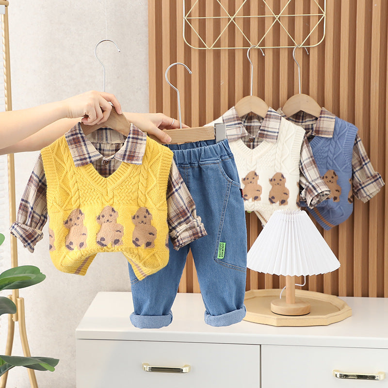 [345327] - Setelan 3 in 1 Rompi Rajut Kemeja Celana Panjang Anak Laki-Laki - Motif Little Bear