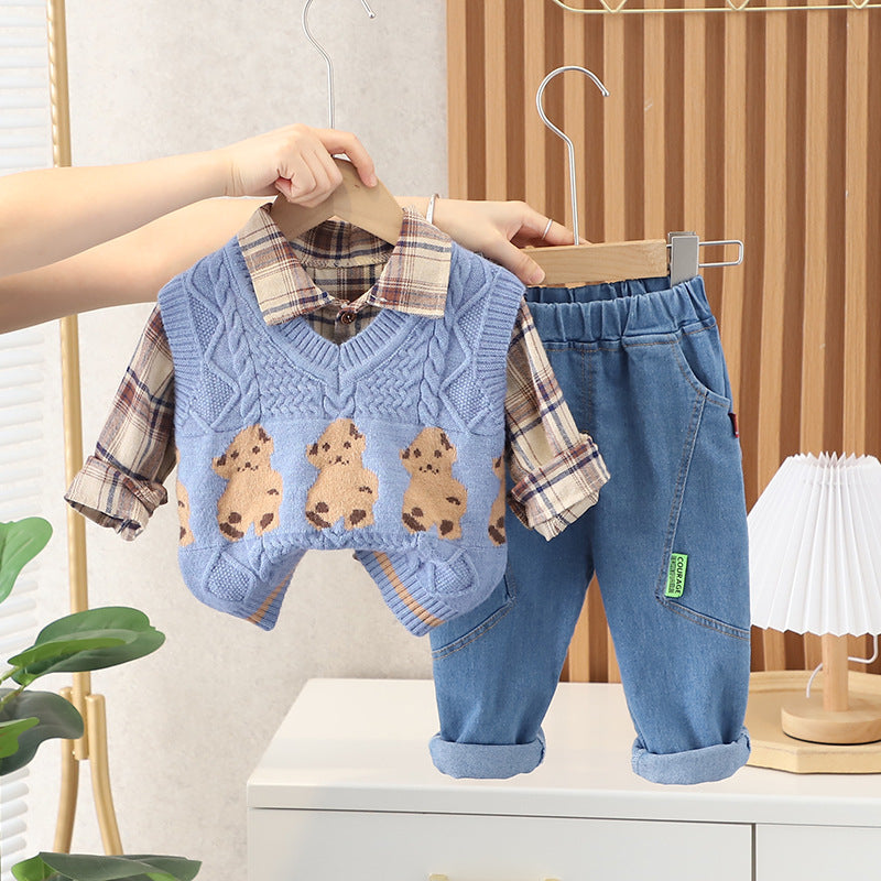 [345327] - Setelan 3 in 1 Rompi Rajut Kemeja Celana Panjang Anak Laki-Laki - Motif Little Bear