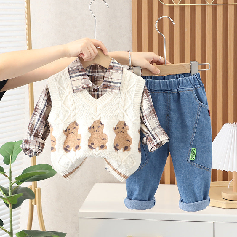 [345327] - Setelan 3 in 1 Rompi Rajut Kemeja Celana Panjang Anak Laki-Laki - Motif Little Bear