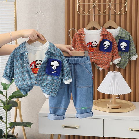 [345328] - 3D Setelan 3 in 1 Kemeja Kotak Celana Panjang Jeans Anak Laki-Laki - Motif Car Panda