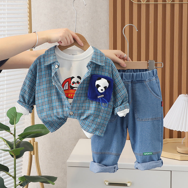 [345328] - 3D Setelan 3 in 1 Kemeja Kotak Celana Panjang Jeans Anak Laki-Laki - Motif Car Panda