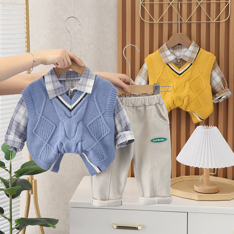[345329] - Setelan Rompi Rajut Kemeja Celana Panjang Chino Anak Laki-Laki - Motif Lace Pattern