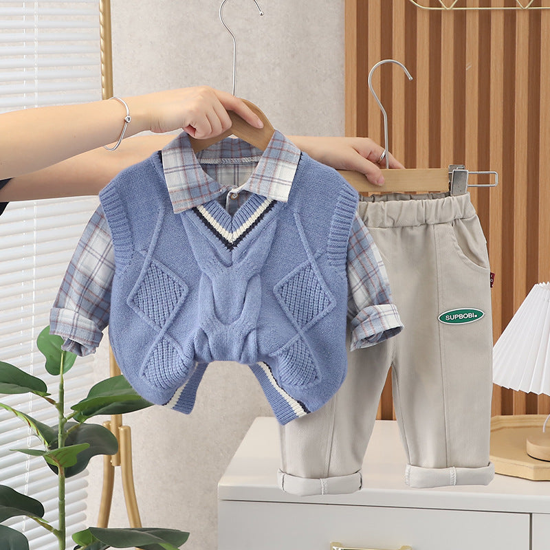 [345329] - Setelan Rompi Rajut Kemeja Celana Panjang Chino Anak Laki-Laki - Motif Lace Pattern