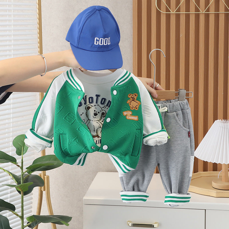 [345330] - Setelan 3 in 1 Jaket Baseball Bordir Celana Panjang Jogger Anak Laki-Laki - Motif Bear Happy