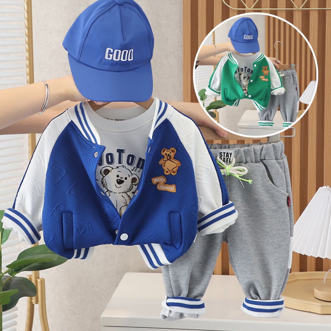 [345330] - Setelan 3 in 1 Jaket Baseball Bordir Celana Panjang Jogger Anak Laki-Laki - Motif Bear Happy