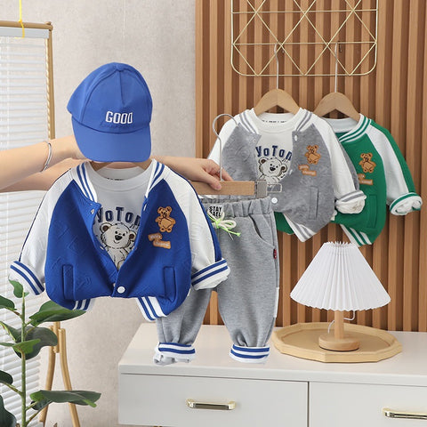 [345330] - Setelan 3 in 1 Jaket Baseball Bordir Celana Panjang Jogger Anak Laki-Laki - Motif Bear Happy
