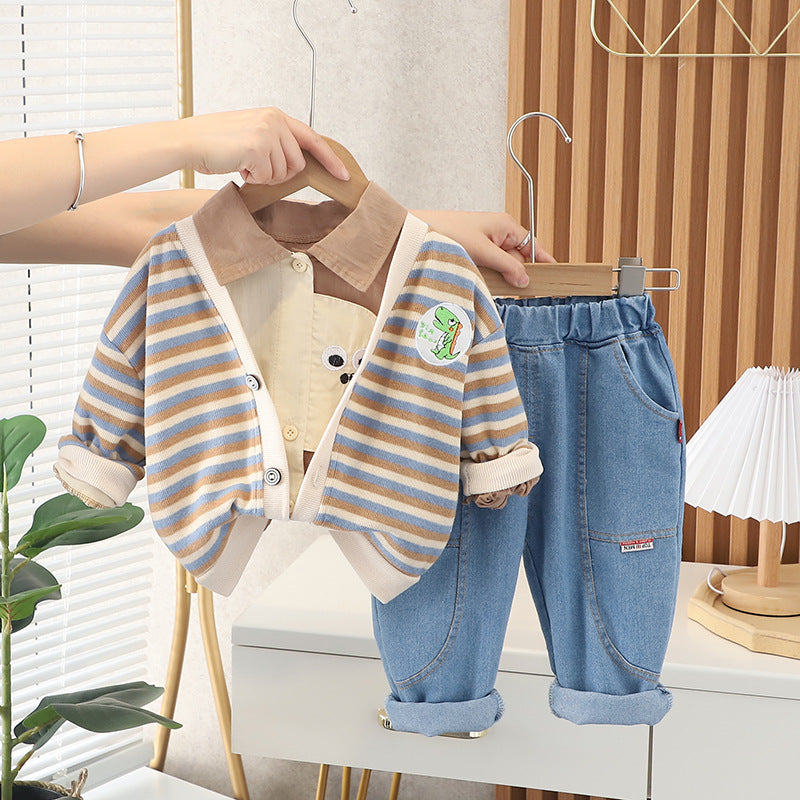 [345332] - Setelan 3 in 1 Cardigan Kemeja Celana Panjang Jeans Anak Laki-Laki - Motif Stare Dino