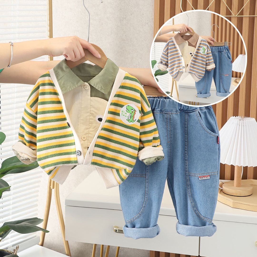 [345332] - Setelan 3 in 1 Cardigan Kemeja Celana Panjang Jeans Anak Laki-Laki - Motif Stare Dino