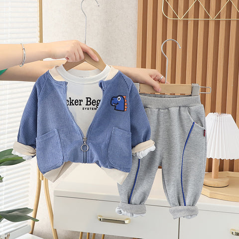 [345334] - Setelan 3 in 1 Jaket Resleting 3D Celana Panjang Jogger Anak Laki-Laki - Motif Beg Dino