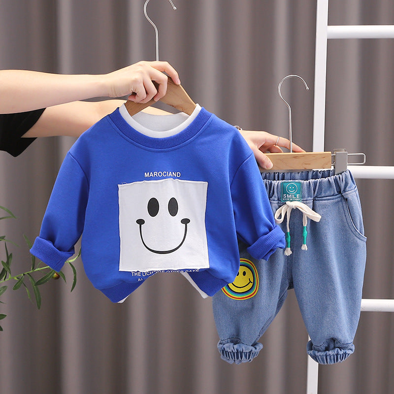 [345336] - Setelan Sweater Crewneck Celana Jogger Jeans Anak Laki-Laki - Motif Square Smile