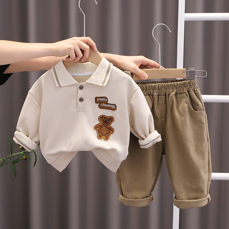[345337] - Setelan Polo Kerah Bordir Lengan Panjang Celana Chino Anak Laki-Laki - Motif Plain Bear