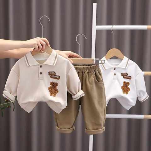 [345337] - Setelan Polo Kerah Bordir Lengan Panjang Celana Chino Anak Laki-Laki - Motif Plain Bear