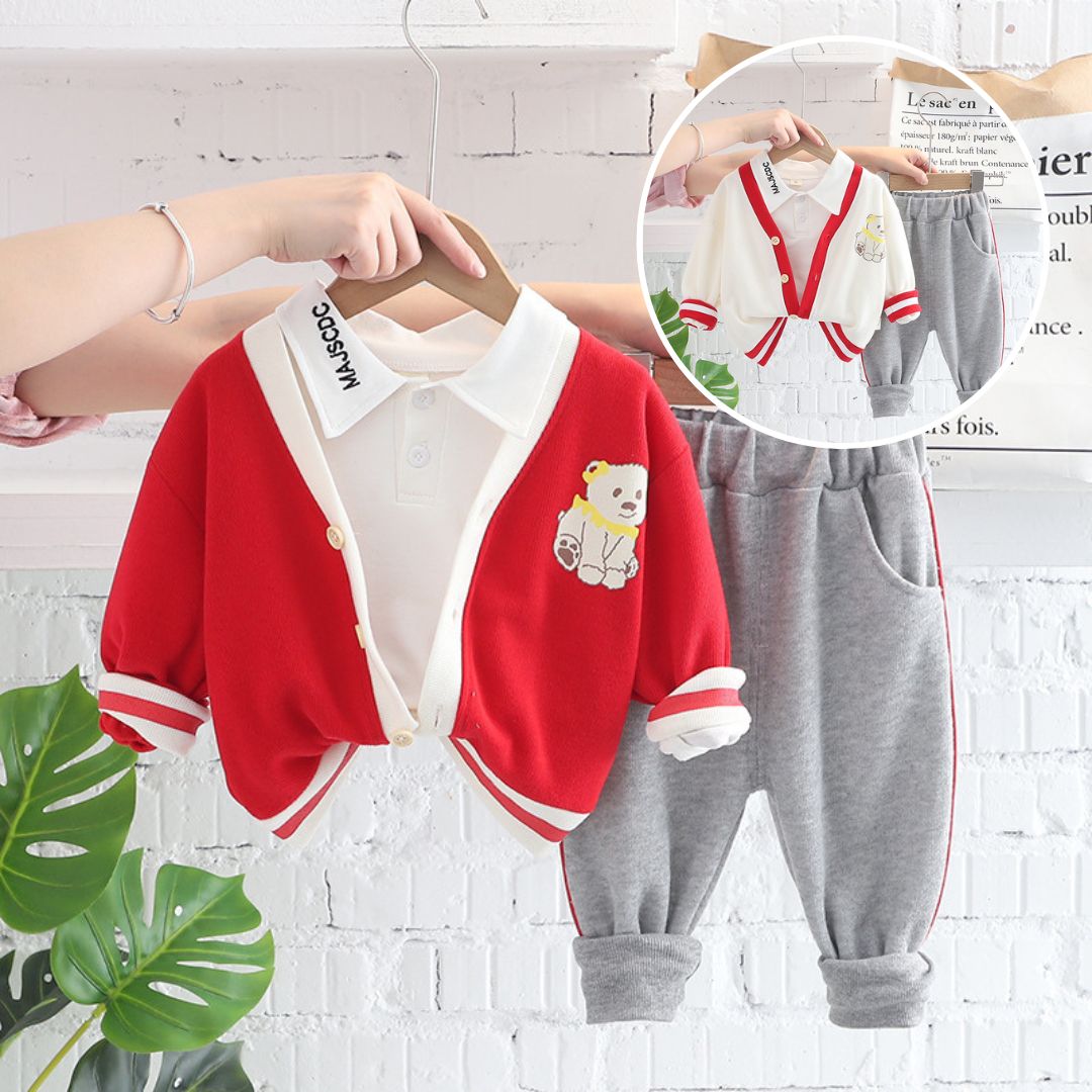 [345348] - Setelan 3 in 1 Jaket Cardigan Celana Panjang Jogger Anak Laki-Laki - Motif Sitting Bear