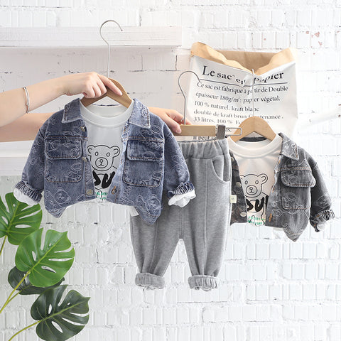 [345349] - Setelan 3 in 1 Jaket Jeans Celana Panjang Jogger Anak Laki-Laki - Motif Bear Middle