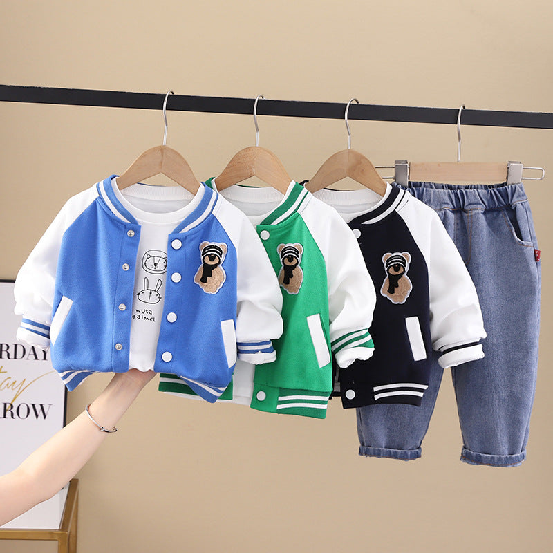 [345350] - Setelan 3 in 1 Jaket Baseball Celana Panjang Jeans Anak Laki-Laki - Motif Shawl Bear