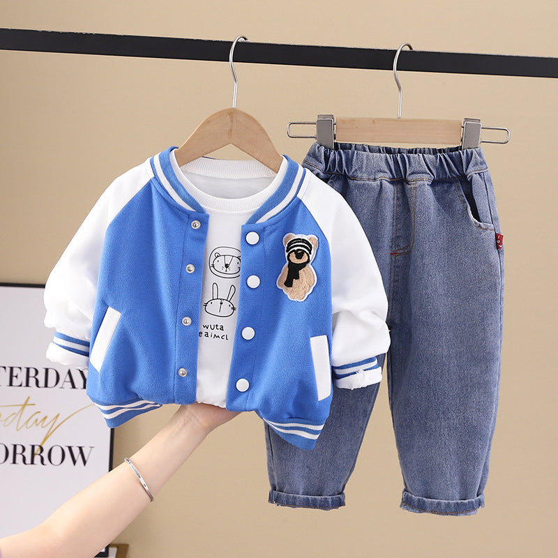 [345350] - Setelan 3 in 1 Jaket Baseball Celana Panjang Jeans Anak Laki-Laki - Motif Shawl Bear