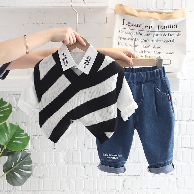 [345357] - Setelan Kemeja Sweater Rajut Celana Jeans Anak Laki-Laki - Motif Neat Stripped