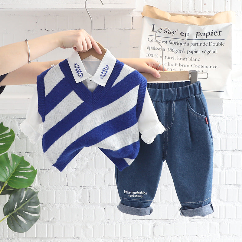 [345357] - Setelan Kemeja Sweater Rajut Celana Jeans Anak Laki-Laki - Motif Neat Stripped