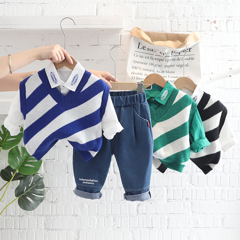 [345357] - Setelan Kemeja Sweater Rajut Celana Jeans Anak Laki-Laki - Motif Neat Stripped