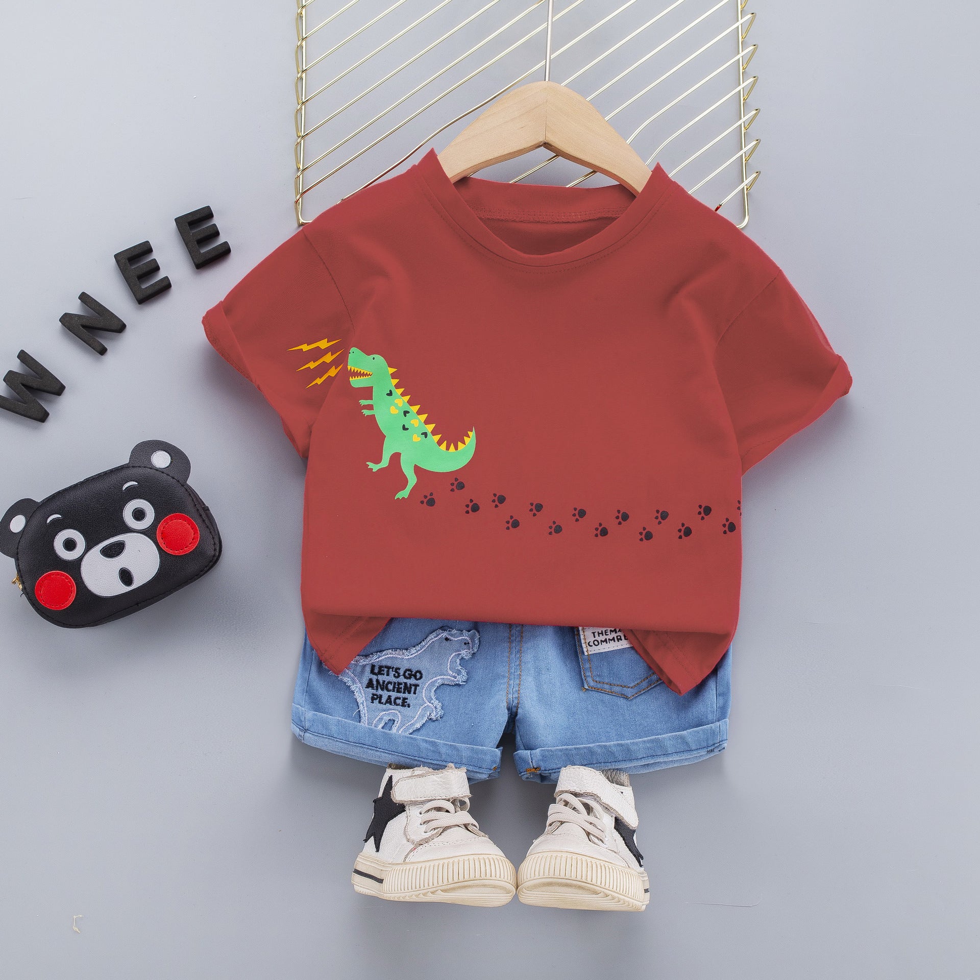 [345361] - Setelan Kaos Celana Pendek Jeans Anak Laki-Laki - Motif Dinos Trail