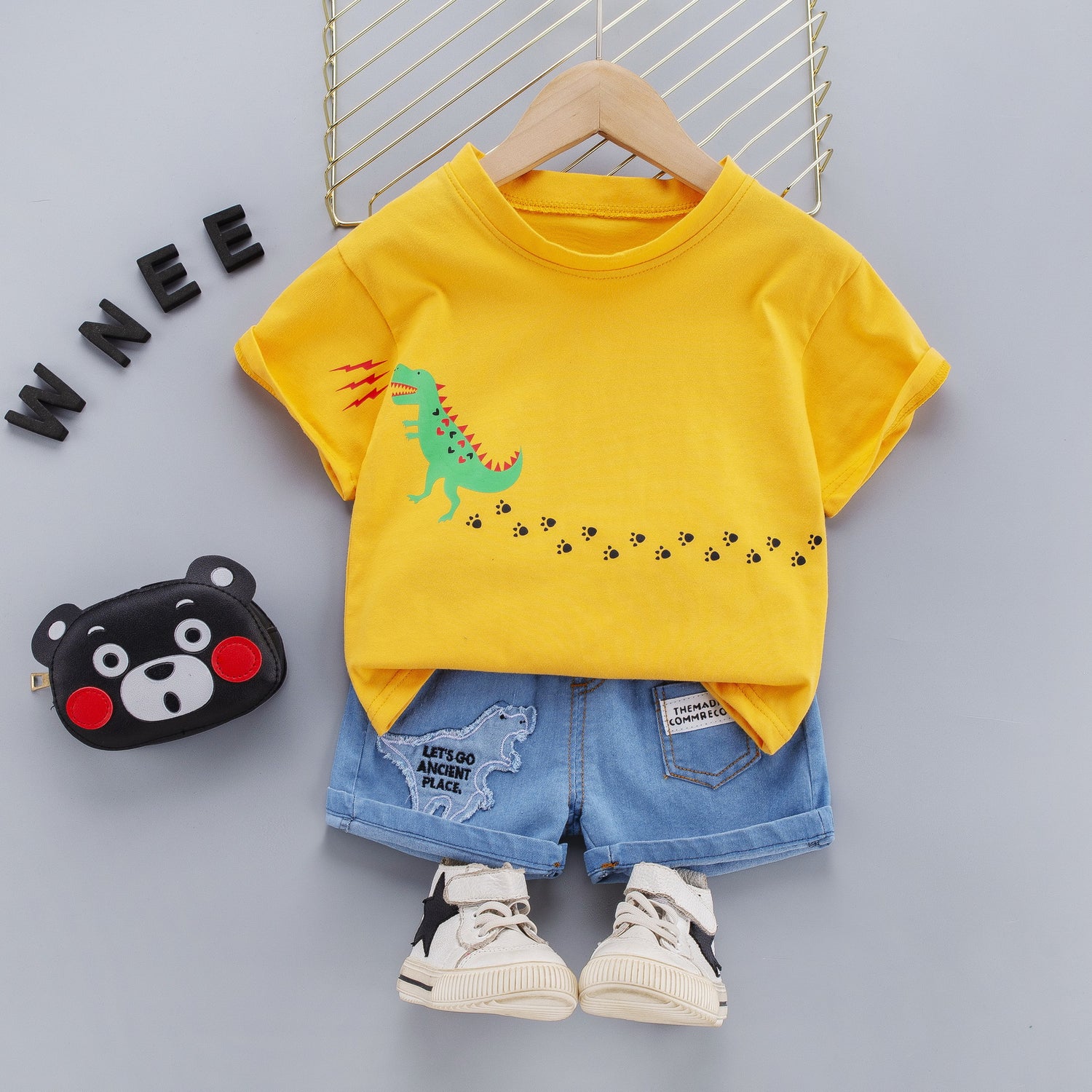 [345361] - Setelan Kaos Celana Pendek Jeans Anak Laki-Laki - Motif Dinos Trail