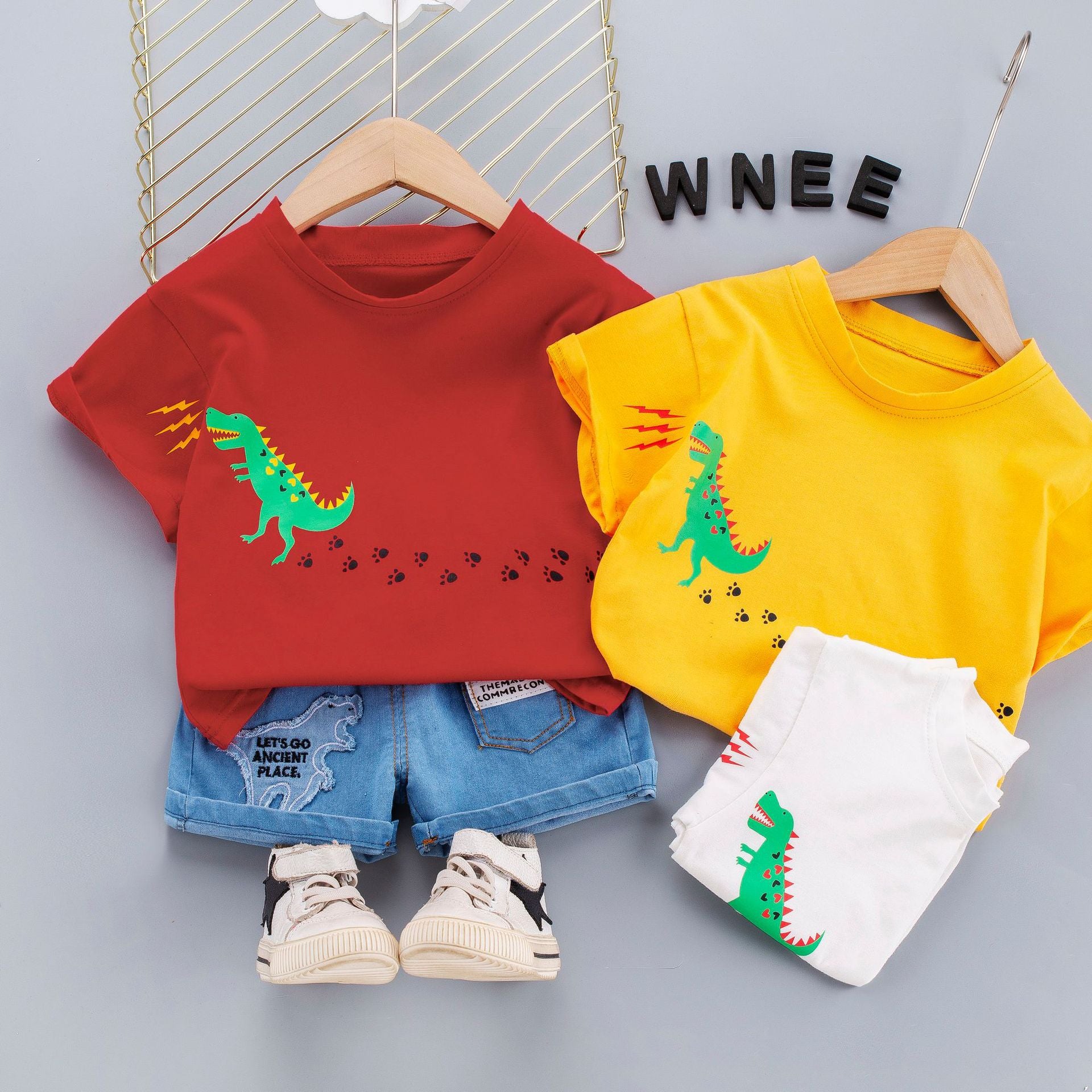 [345361] - Setelan Kaos Celana Pendek Jeans Anak Laki-Laki - Motif Dinos Trail