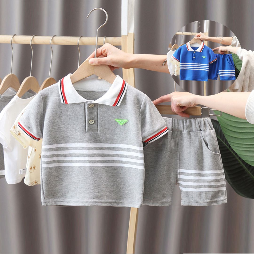 [345362] - Setelan Kaos Polo Kerah Celana Pendek Anak Laki-Laki - Motif Multiple Lines