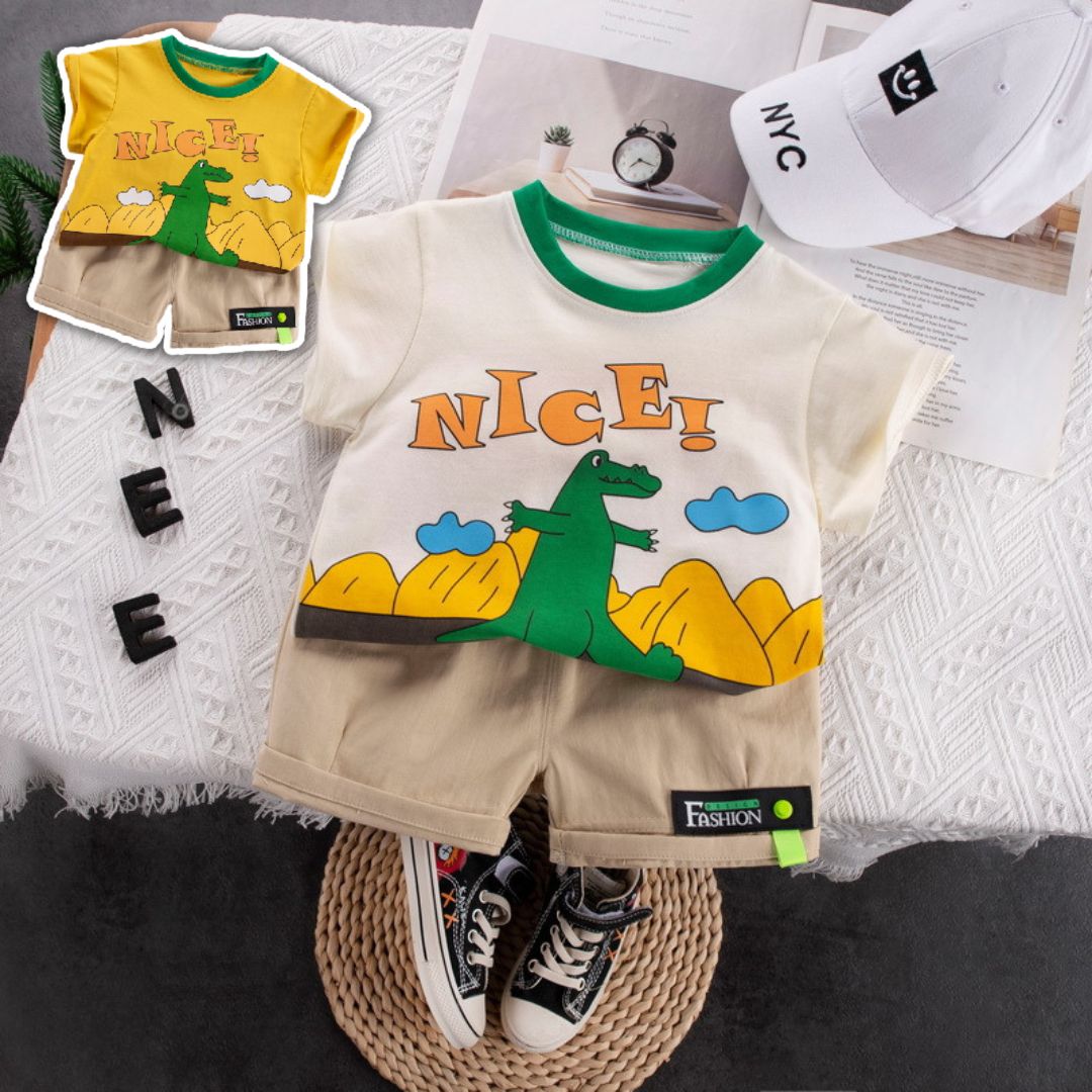 [345367] - Setelan Kaos Celana Pendek Chino Anak Laki-Laki - Motif Nice Dino