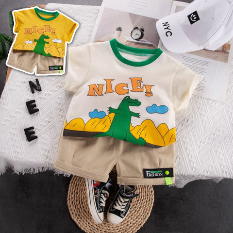 [345367] - Setelan Kaos Celana Pendek Chino Anak Laki-Laki - Motif Nice Dino