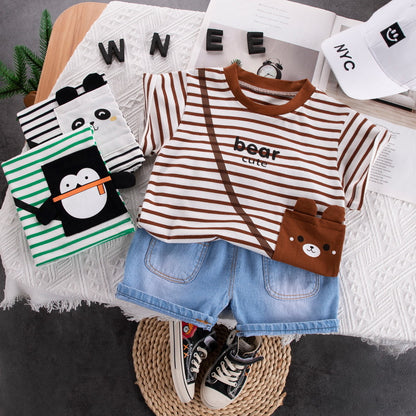 [345368] - Setelan Kaos Garis-Garis Celana Pendek Jeans Anak Laki-Laki - Motif Animal Cute