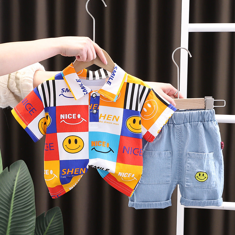 [345373] - Setelan Kaos Polo Kerah Celana Pendek Denim Import Anak Laki-Laki - Motif Nice Smile