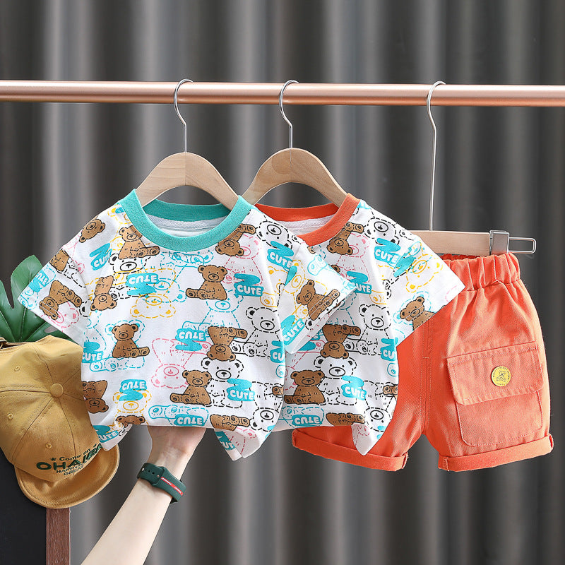 [345375] - Setelan Kaos Celana Pendek Chino Import Anak Laki-Laki - Motif Cute Bear