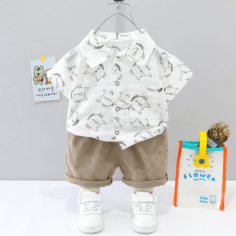 [345379] - Setelan Kemeja Celana Pendek Chino Anak Laki-Laki - Motif Spotted Cat
