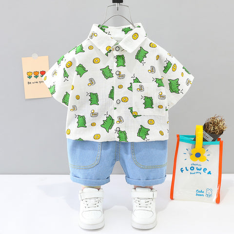 [345380] - Setelan Kemeja Celana Pendek Denim Anak Laki-Laki - Motif Dino Donuts
