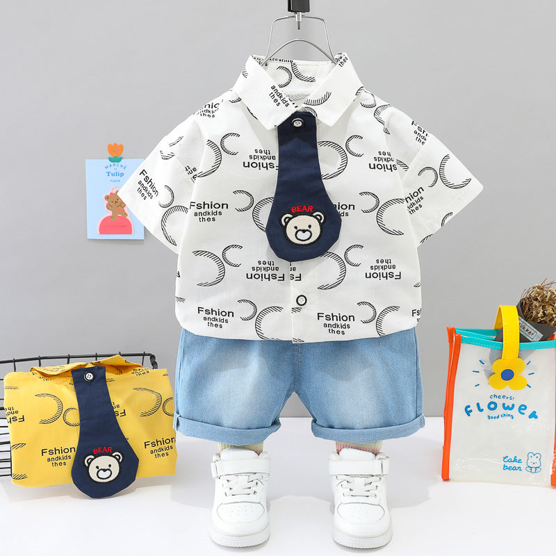 [345382] - Setelan Kemeja Celana Pendek Denim Anak Laki-Laki - Motif Little Bear