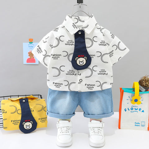 [345382] - Setelan Kemeja Celana Pendek Denim Anak Laki-Laki - Motif Little Bear