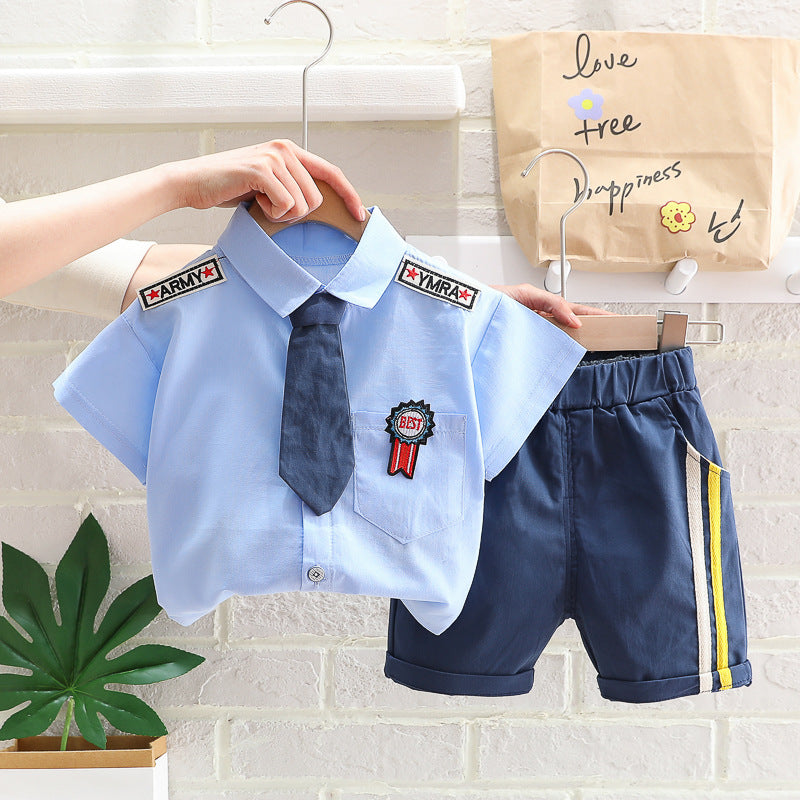 [345384] - Setelan Kemeja Celana Pendek Chino Anak Laki-Laki - Motif Plain Army