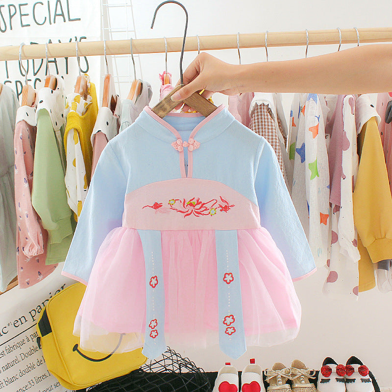jual [352147-BLUE PINK] - Dress Shanghai Anak Perempuan Fashionable - Motif Flowers 