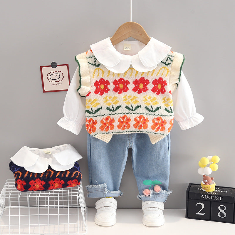 [352314] - Setelan 3 in 1 Blouse Rompi Celana Jeans Anak Perempuan - Motif Knitted Flowers
