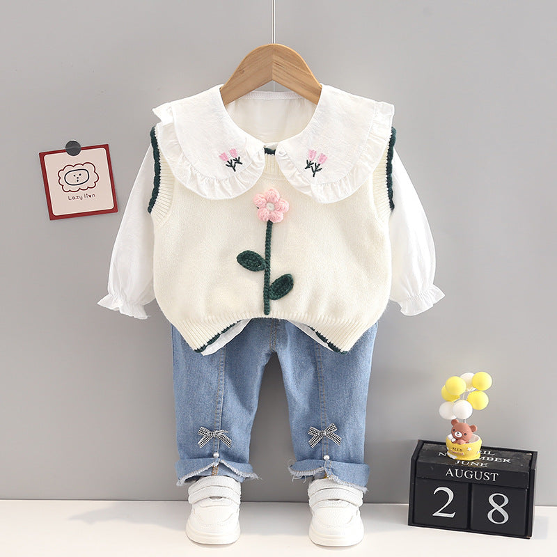 [352315] - Setelan 3 in 1 Blouse Rompi Celana Jeans Anak Perempuan - Motif Flower Stalk