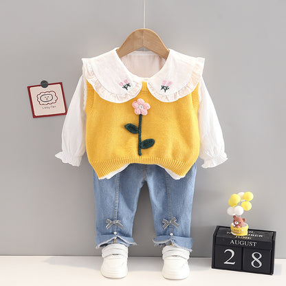 [352315] - Setelan 3 in 1 Blouse Rompi Celana Jeans Anak Perempuan - Motif Flower Stalk