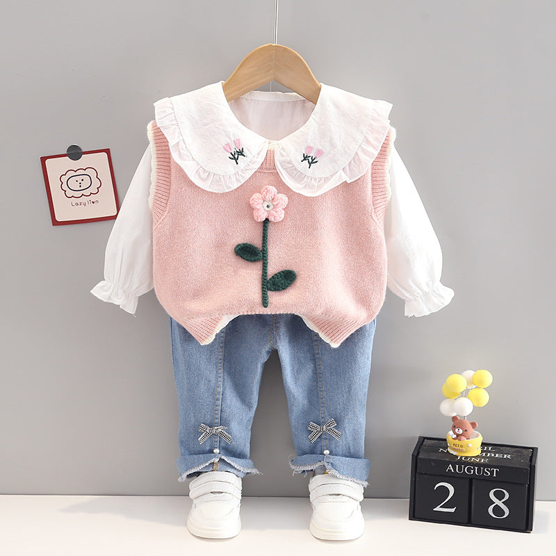 [352315] - Setelan 3 in 1 Blouse Rompi Celana Jeans Anak Perempuan - Motif Flower Stalk