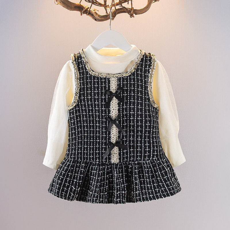 [352337] - Setelan Mini Dress Overall Import Anak Perempuan - Motif Cross Ribbon