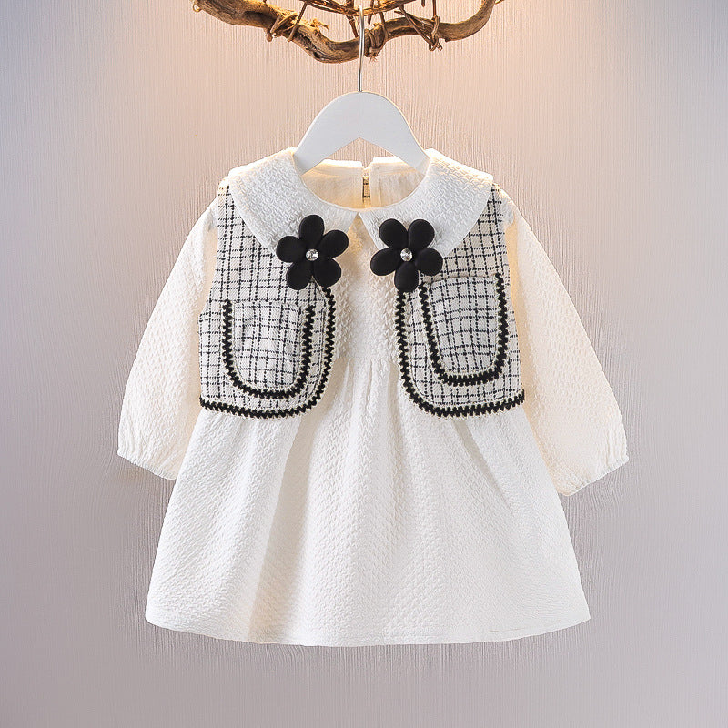 [352341] - Mini Dress Vest Rompi 2 in 1 Lengan Panjang Anak Perempuan - Motif Flower Plaid