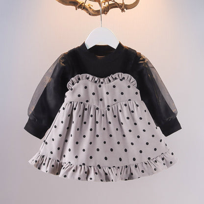 [352344] - Mini Dress Gaun Pesta Lengan Panjang Import Anak Perempuan - Motif Lace Polka